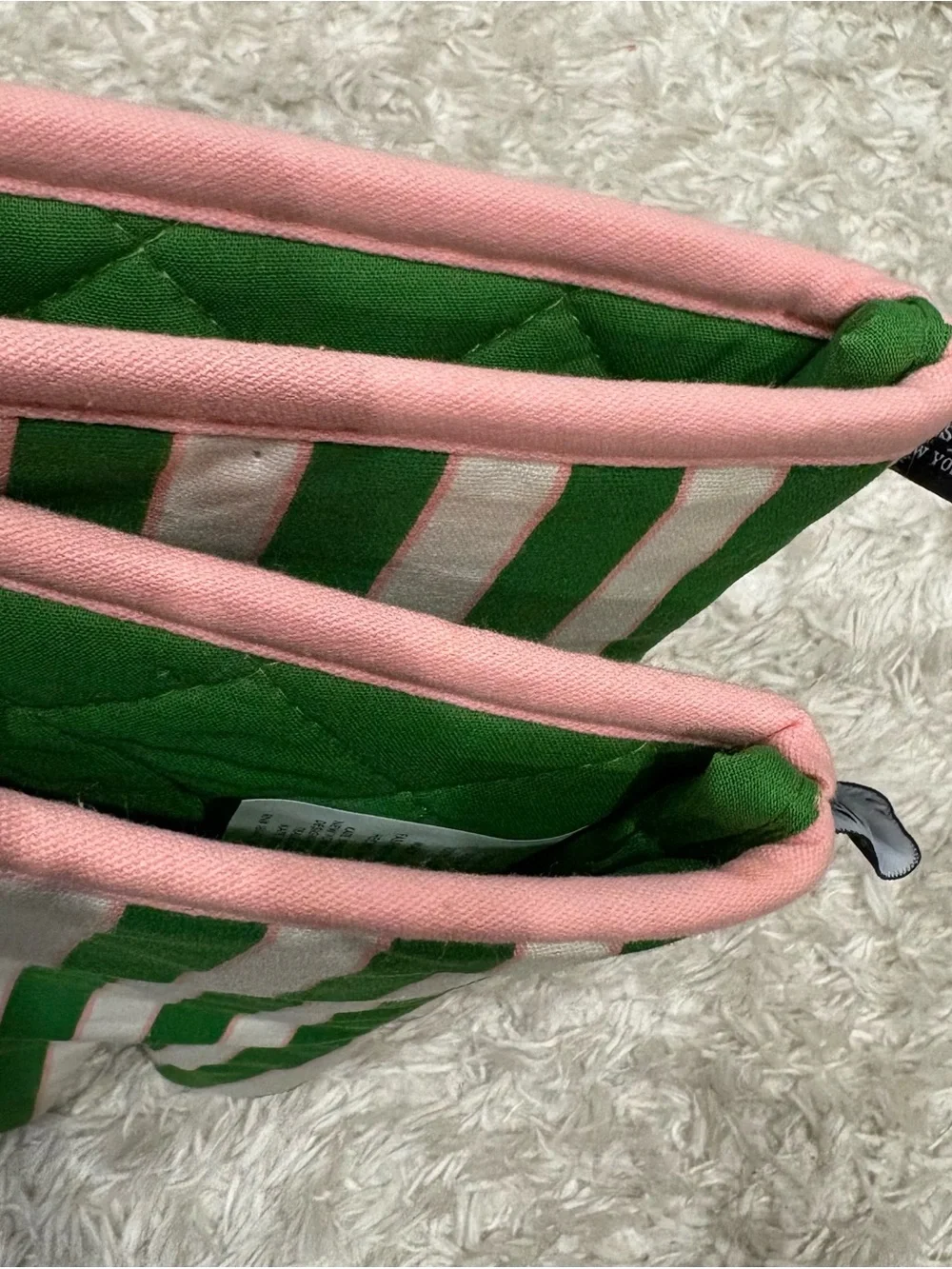 kate spade green, white & pink striped oven mitt and pot holder set